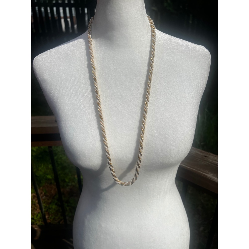 Vintage Signed Trifari White Seed Bead Twisted Rope Necklace Gold Tone
